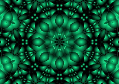 Dijital illüstrasyon, geometrik soyut renkli kaleydoskop simetrik desen ve gradyan etkisi. Klasik güzel dekoratif yeşil arkaplan