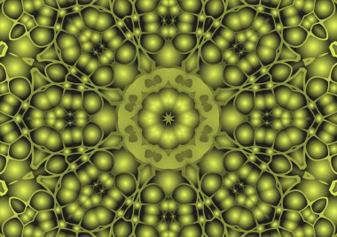 Dijital illüstrasyon, geometrik soyut renkli kaleydoskop simetrik desen ve gradyan etkisi. Klasik güzel dekoratif sarı arkaplan