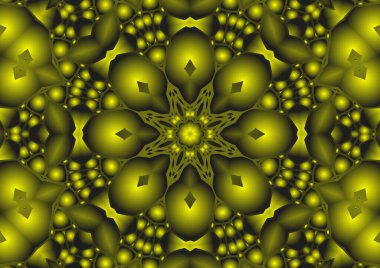 Dijital illüstrasyon, geometrik soyut renkli kaleydoskop simetrik desen ve gradyan etkisi. Klasik güzel dekoratif sarı arkaplan