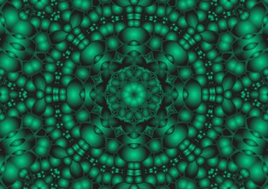 Dijital illüstrasyon, geometrik soyut renkli kaleydoskop simetrik desen ve gradyan etkisi. Klasik güzel dekoratif yeşil arkaplan
