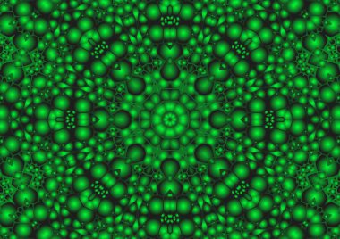 Dijital illüstrasyon, geometrik soyut renkli kaleydoskop simetrik desen ve gradyan etkisi. Klasik güzel dekoratif yeşil arkaplan