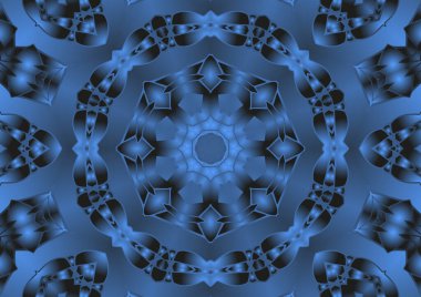 Dijital illüstrasyon, geometrik soyut renkli kaleydoskop simetrik desen ve gradyan etkisi. Klasik güzel dekoratif mavi arkaplan