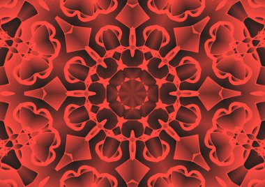 Dijital illüstrasyon, geometrik soyut renkli kaleydoskop simetrik desen ve gradyan etkisi. Klasik güzel dekoratif kırmızı arkaplan