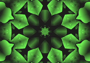 Dijital illüstrasyon, geometrik soyut renkli kaleydoskop simetrik desen ve gradyan etkisi. Klasik güzel dekoratif yeşil arkaplan