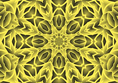 Dijital illüstrasyon, geometrik soyut renkli kaleydoskop simetrik desen ve gradyan etkisi. Klasik güzel dekoratif sarı arkaplan