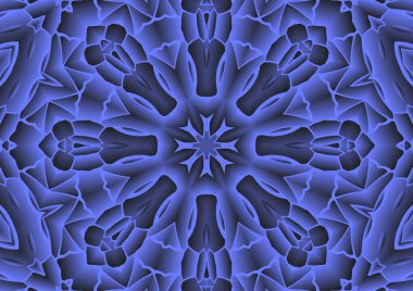 Dijital illüstrasyon, geometrik soyut renkli kaleydoskop simetrik desen ve gradyan etkisi. Klasik güzel dekoratif mavi arkaplan