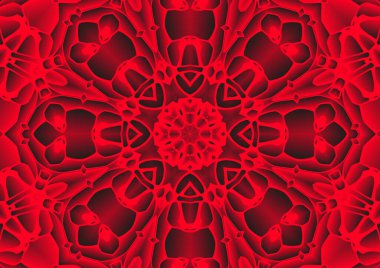 Dijital illüstrasyon, geometrik soyut renkli kaleydoskop simetrik desen ve gradyan etkisi. Klasik güzel dekoratif kırmızı arkaplan