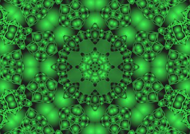 Dijital illüstrasyon, geometrik soyut renkli kaleydoskop simetrik desen ve gradyan etkisi. Klasik güzel dekoratif yeşil arkaplan