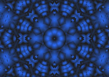 Dijital illüstrasyon, geometrik soyut renkli kaleydoskop simetrik desen ve gradyan etkisi. Klasik güzel dekoratif mavi arkaplan