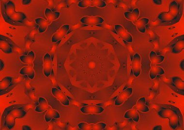 Dijital illüstrasyon, geometrik soyut renkli kaleydoskop simetrik desen ve gradyan etkisi. Klasik güzel dekoratif kırmızı arkaplan