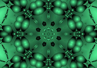 Dijital illüstrasyon, geometrik soyut renkli kaleydoskop simetrik desen ve gradyan etkisi. Klasik güzel dekoratif yeşil arkaplan
