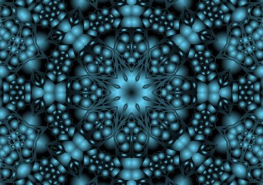 Dijital illüstrasyon, geometrik soyut renkli kaleydoskop simetrik desen ve gradyan etkisi. Klasik güzel dekoratif mavi arkaplan