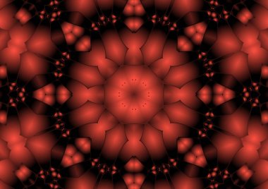 Dijital illüstrasyon, geometrik soyut renkli kaleydoskop simetrik desen ve gradyan etkisi. Klasik güzel dekoratif kırmızı arkaplan