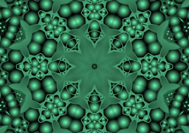 Dijital illüstrasyon, geometrik soyut renkli kaleydoskop simetrik desen ve gradyan etkisi. Klasik güzel dekoratif yeşil arkaplan