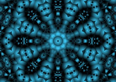 Dijital illüstrasyon, geometrik soyut renkli kaleydoskop simetrik desen ve gradyan etkisi. Klasik güzel dekoratif mavi arkaplan