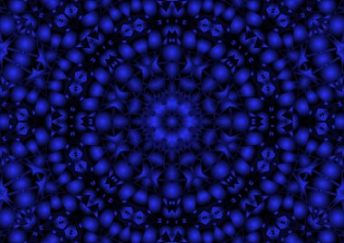 Dijital illüstrasyon, geometrik soyut renkli kaleydoskop simetrik desen ve gradyan etkisi. Klasik güzel dekoratif mavi arkaplan