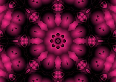 Dijital illüstrasyon, geometrik soyut renkli kaleydoskop simetrik desen ve gradyan etkisi. Klasik güzel dekoratif kırmızı arkaplan