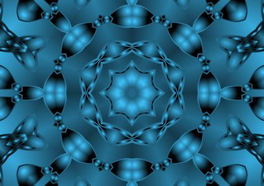 Dijital illüstrasyon, geometrik soyut renkli kaleydoskop simetrik desen ve gradyan etkisi. Klasik güzel dekoratif mavi arkaplan