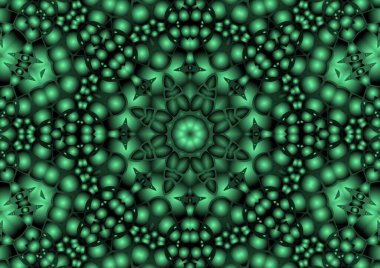 Dijital illüstrasyon, geometrik soyut renkli kaleydoskop simetrik desen ve gradyan etkisi. Klasik güzel dekoratif yeşil arkaplan