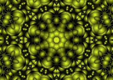 Dijital illüstrasyon, geometrik soyut renkli kaleydoskop simetrik desen ve gradyan etkisi. Klasik güzel dekoratif sarı arkaplan