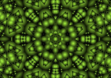 Dijital illüstrasyon, geometrik soyut renkli kaleydoskop simetrik desen ve gradyan etkisi. Klasik güzel dekoratif yeşil arkaplan