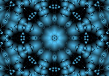 Dijital illüstrasyon, geometrik soyut renkli kaleydoskop simetrik desen ve gradyan etkisi. Klasik güzel dekoratif mavi arkaplan