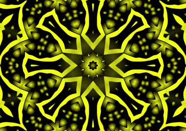 Dijital illüstrasyon, geometrik soyut renkli kaleydoskop simetrik desen ve gradyan etkisi. Klasik güzel dekoratif sarı arkaplan