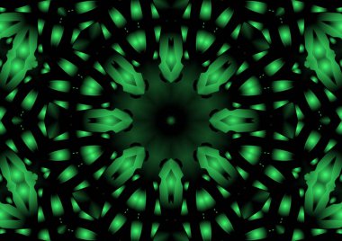 Dijital illüstrasyon, geometrik soyut renkli kaleydoskop simetrik desen ve gradyan etkisi. Klasik güzel dekoratif yeşil arkaplan