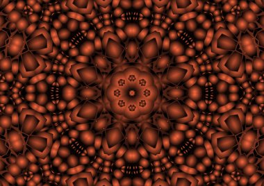 Dijital illüstrasyon, geometrik soyut renkli kaleydoskop simetrik desen ve gradyan etkisi. Klasik güzel dekoratif kırmızı arkaplan
