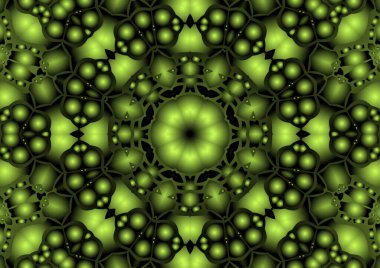 Dijital illüstrasyon, geometrik soyut renkli kaleydoskop simetrik desen ve gradyan etkisi. Klasik güzel dekoratif sarı arkaplan