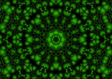 Dijital illüstrasyon, geometrik soyut renkli kaleydoskop simetrik desen ve gradyan etkisi. Klasik güzel dekoratif yeşil arkaplan