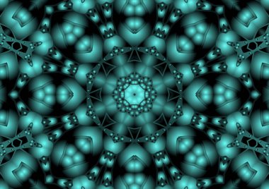 Dijital illüstrasyon, geometrik soyut renkli kaleydoskop simetrik desen ve gradyan etkisi. Klasik güzel dekoratif mavi arkaplan