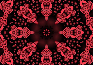 Dijital illüstrasyon, geometrik soyut renkli kaleydoskop simetrik desen ve gradyan etkisi. Klasik güzel dekoratif kırmızı arkaplan