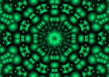 Dijital illüstrasyon, geometrik soyut renkli kaleydoskop simetrik desen ve gradyan etkisi. Klasik güzel dekoratif yeşil arkaplan