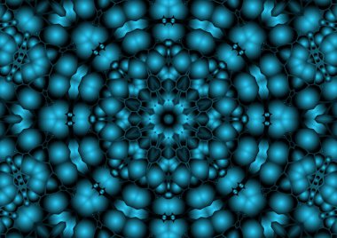 Dijital illüstrasyon, geometrik soyut renkli kaleydoskop simetrik desen ve gradyan etkisi. Klasik güzel dekoratif mavi arkaplan