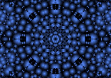 Dijital illüstrasyon, geometrik soyut renkli kaleydoskop simetrik desen ve gradyan etkisi. Klasik güzel dekoratif mavi arkaplan