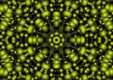 Dijital illüstrasyon, geometrik soyut renkli kaleydoskop simetrik desen ve gradyan etkisi. Klasik güzel dekoratif sarı arkaplan