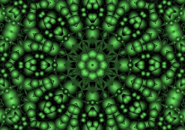 Dijital illüstrasyon, geometrik soyut renkli kaleydoskop simetrik desen ve gradyan etkisi. Klasik güzel dekoratif yeşil arkaplan
