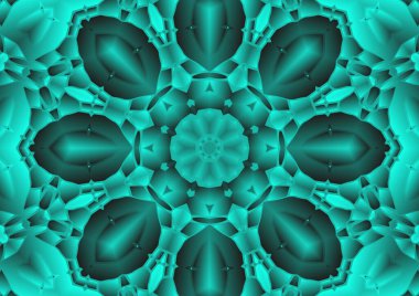 Dijital illüstrasyon, geometrik soyut renkli kaleydoskop simetrik desen ve gradyan etkisi. Klasik güzel dekoratif mavi arkaplan