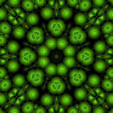 Dijital illüstrasyon, geometrik soyut renkli kaleydoskop simetrik desen ve gradyan etkisi. Klasik güzel dekoratif yeşil arkaplan