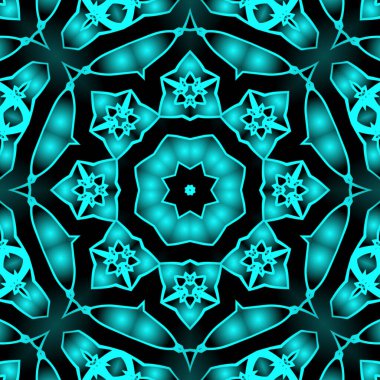 Dijital illüstrasyon, geometrik soyut renkli kaleydoskop simetrik desen ve gradyan etkisi. Klasik güzel dekoratif mavi arkaplan