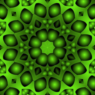 Dijital illüstrasyon, geometrik soyut renkli kaleydoskop simetrik desen ve gradyan etkisi. Klasik güzel dekoratif yeşil arkaplan