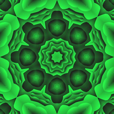 Dijital illüstrasyon, geometrik soyut renkli kaleydoskop simetrik desen ve gradyan etkisi. Klasik güzel dekoratif yeşil arkaplan
