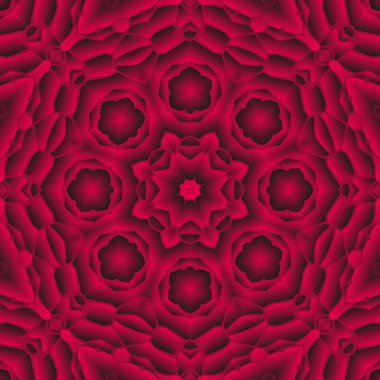 Dijital illüstrasyon, geometrik soyut renkli kaleydoskop simetrik desen ve gradyan etkisi. Klasik güzel dekoratif kırmızı arkaplan