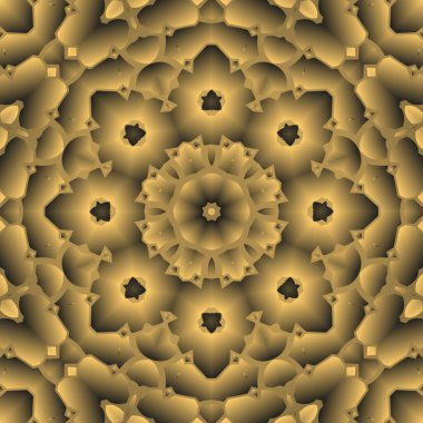 Dijital illüstrasyon, geometrik soyut renkli kaleydoskop simetrik desen ve gradyan etkisi. Klasik güzel dekoratif sarı arkaplan