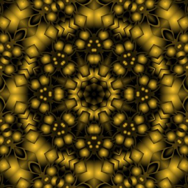 Dijital illüstrasyon, geometrik soyut renkli kaleydoskop simetrik desen ve gradyan etkisi. Klasik güzel dekoratif sarı arkaplan