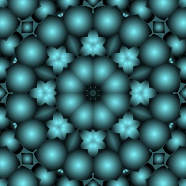 Dijital illüstrasyon, geometrik soyut renkli kaleydoskop simetrik desen ve gradyan etkisi. Klasik güzel dekoratif mavi arkaplan