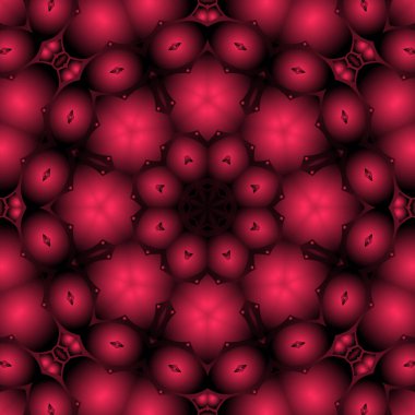 Dijital illüstrasyon, geometrik soyut renkli kaleydoskop simetrik desen ve gradyan etkisi. Klasik güzel dekoratif kırmızı arkaplan