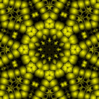 Dijital illüstrasyon, geometrik soyut renkli kaleydoskop simetrik desen ve gradyan etkisi. Klasik güzel dekoratif sarı arkaplan