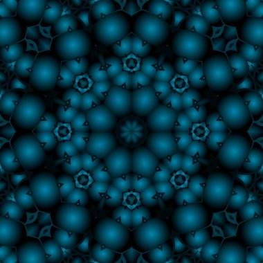 Dijital illüstrasyon, geometrik soyut renkli kaleydoskop simetrik desen ve gradyan etkisi. Klasik güzel dekoratif mavi arkaplan
